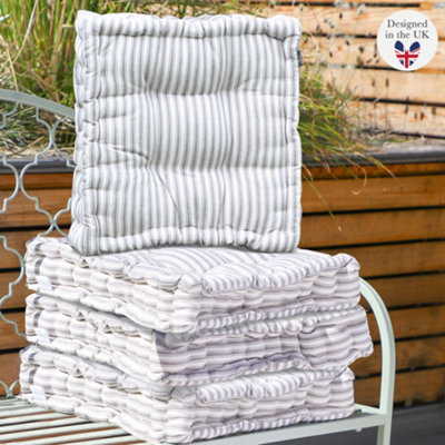 Set of 4 Grey Striped Box Outdoor Garden Chair Seat Pad Cushions