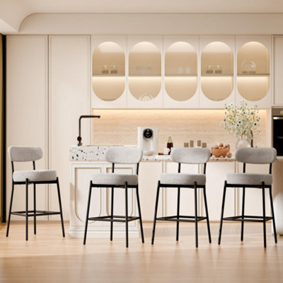 Set of 4 Grey Upholstered Barstools, Teddy Fabric Kitchen Breakfast Barstools with Curved Backrest