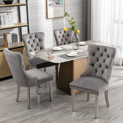 Set of 4 Grey Velvet Upholstered Dining Chairs Wing Back Home Office Bedroom Kitchen Chairs