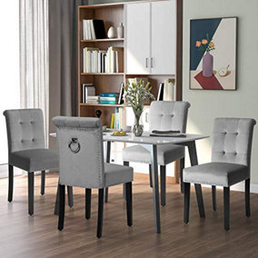 Set of 4 Grey Velvet Upholstered Dining Chairs with Pull Knocker Ring Back Dining Room Kitchen Home Office Chairs