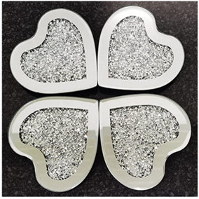 Set of 4 Heart Shaped Coaster Mirror Full Crushed Jewel
