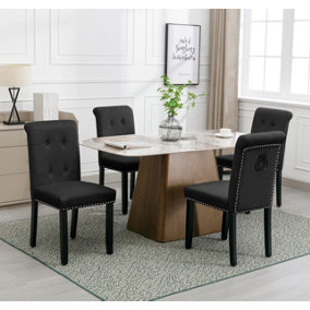 Set of 4 High Back Velvet Kitchen Dining Chairs with Pull Knocker Ring Back Office Chairs Black