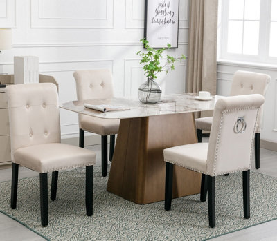 Set of 4 High Back Velvet Upholstered Kitchen Dining Chairs with Pull Knocker Ring Back Office Chairs Beige