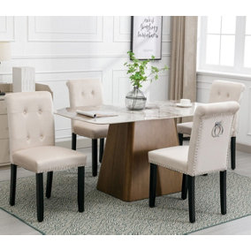 Set of 4 High Back Velvet Upholstered Kitchen Dining Chairs with Pull Knocker Ring Back Office Chairs Beige