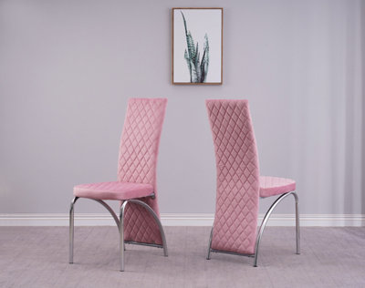 Set of 4 Irine Pink Velvet Dining Chairs with Solid Chrome Frame