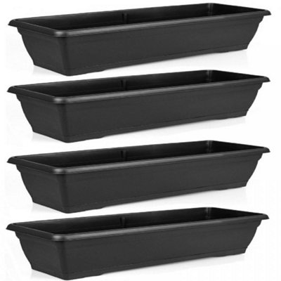 Set Of 4 Large 72cm Black Garden Plastic Trough Balcony Planter Window Plant Box