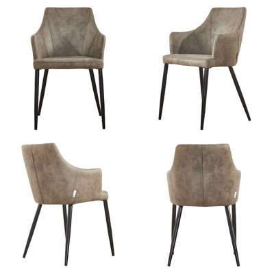 Set of 4 Light Brown Zarah Modern Faux Leather Dining Chairs with Armrests and Black Metal Legs, Comfortable Accent Chair