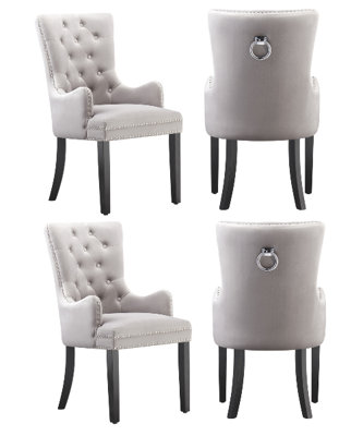 Set of 4 Light Grey Velvet Dining Chairs with Armrest, Ergonomic Scoop Knockerback & Button Tufted Wood Legs