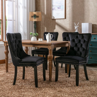 Set of 4 Lux Black Velvet Upholstered Kitchen Dining Chairs with Pull Knocker Wing Back Bedroom Office Chairs