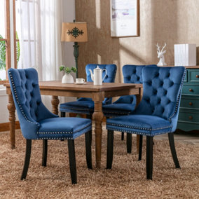 Set of 4 Lux Blue Velvet Kitchen Dining Chairs with Pull Knocker Wing Back Home Office Bedroom Chairs