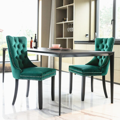 Set of 4 Lux Green Velvet Kitchen Dining Chairs with Pull Knocker Wing Back Bedroom Office Chairs
