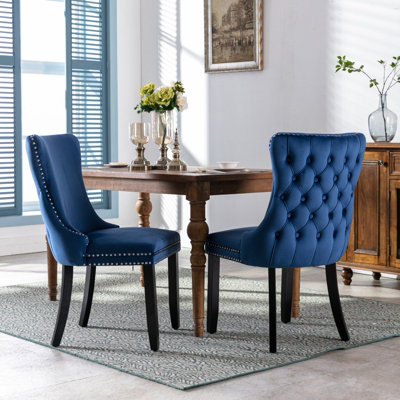 Set of 4 Lux Velvet Tufted Kitchen Dining Chairs Wing High Back Office Bedroom Chairs Blue