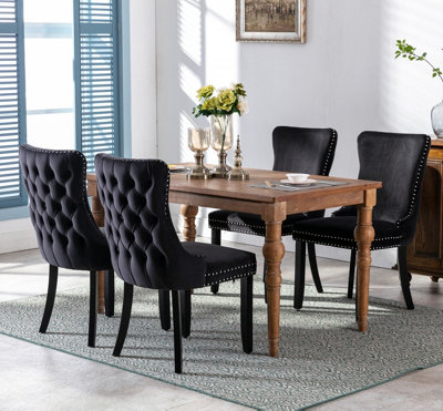 Set of 4 Lux Velvet Tufted Kitchen Dining Chairs with Wooden Legs, High Back Office Bedroom Chairs Black