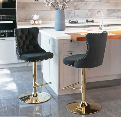Set of 4 Luxury Black & Gold Velvet Swivel Bar Stools