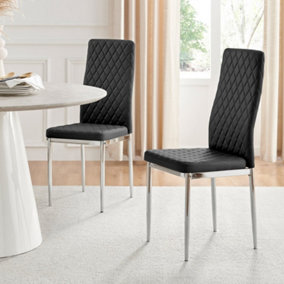 Set of 4 Milan Black High Back Soft Touch Diamond Pattern Faux Leather Chromed Metal Leg Dining Chairs