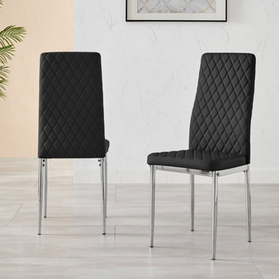 Set of 4 Milan Black High Back Soft Touch Diamond Pattern Faux Leather Chromed Metal Leg Dining Chairs