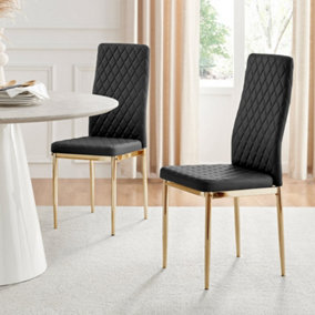 Set of 4 Milan Black High Back Soft Touch Diamond Pattern Faux Leather Golden Chrome Metal Leg Dining Chairs