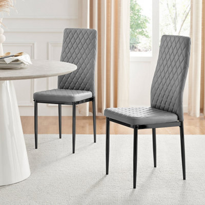 Set of 4 Milan Elephant Grey High Back Soft Touch Diamond Pattern Faux Leather Black Powder Coated Metal Leg Dining Chairs