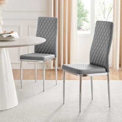 Set of 4 Milan Elephant Grey High Back Soft Touch Diamond Pattern Faux Leather Chromed Metal Leg Dining Chairs