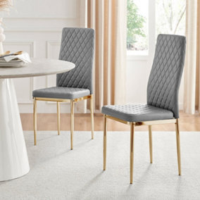 Set of 4 Milan Elephant Grey High Back Soft Touch Diamond Pattern Faux Leather Golden Chrome Metal Leg Dining Chairs