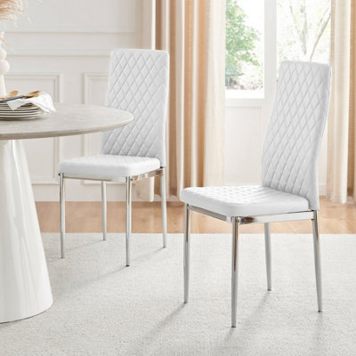 Set of 4 Milan White High Back Soft Touch Diamond Pattern Faux Leather Chromed Metal Leg Dining Chairs