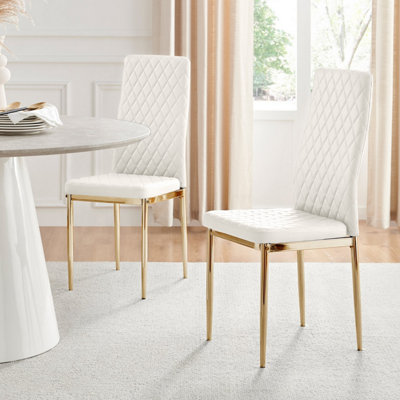 Set of 4 Milan White High Back Soft Touch Diamond Pattern Faux Leather Golden Chrome Metal