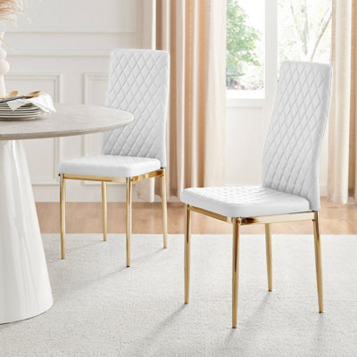 Set of 4 Milan White High Back Soft Touch Diamond Pattern Faux Leather Golden Chrome Metal Leg Dining Chairs