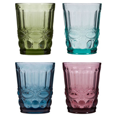 Set of 4 Mix Match Embossed Coloured Glasses Tumblers Wedding Decor Ideas