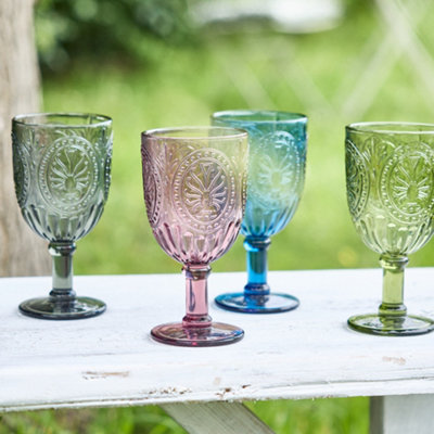 Set of 4 Mix-Match Embossed Drinking Glasses Wine Goblets Wedding Decorations Ideas