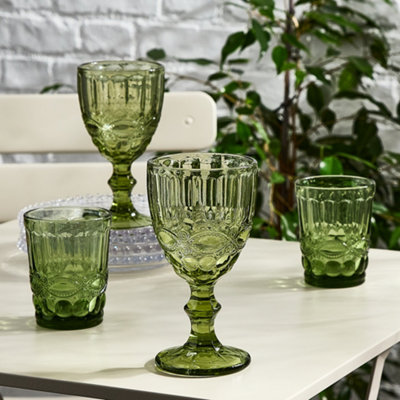 SET OF 4 MIX MATCH EMBOSSED GREEN GLASSES GOBLETS & TUMBLERS WINE GOBLETS  SPRING SUMMER WEDDING DECOR GLASSWARE 350ML