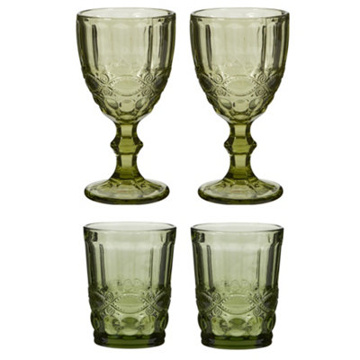 Set of 4 Mix Match Embossed Green Glasses Goblets & Tumblers Wine ...