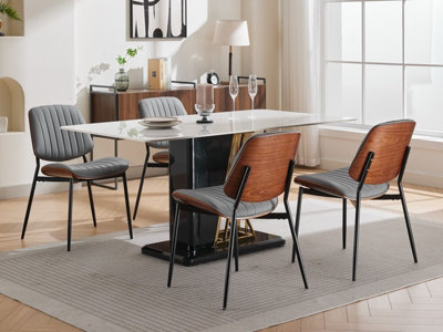 Set of 4 Modern PU Faux Leather Kitchen Dining Chairs with Wooden Back Grey