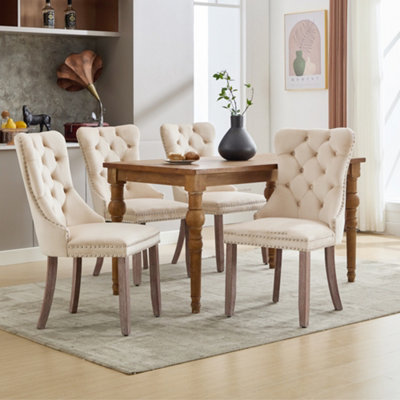 Set of 4 Modern Upholstered Velvet Dining Chairs with Brushed Wood Legs ...