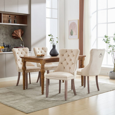 Set of 4 Modern Upholstered Velvet Dining Chairs with Brushed Wood Legs ...