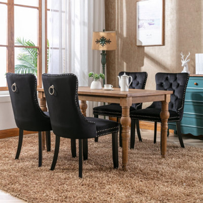 Set of 4 Modern Velvet Dining Chairs, Button Tufted with Solid Wood Legs and Knocker Ring for Dining or Living Room (Black)
