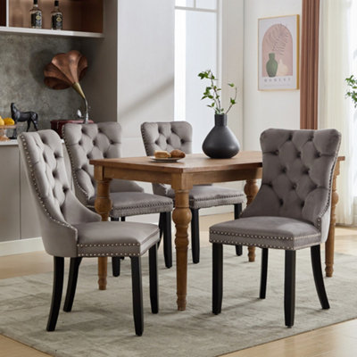 Set of 4 Modern Velvet Dining Chairs, Button Tufted with Solid Wood Legs and Knocker Ring for Dining or Living Room (Grey)