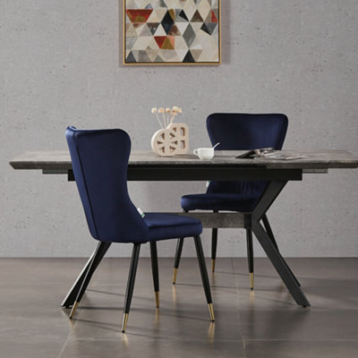 Set of 4 New York Velvet Dining Chairs Upholstered Dining Room Chair Blue/Gold