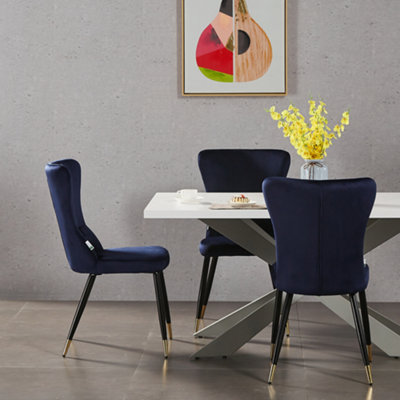 Set of 4 New York Velvet Dining Chairs Upholstered Dining Room Chair Blue/Gold