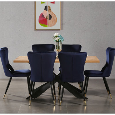 Set of 4 New York Velvet Dining Chairs Upholstered Dining Room Chair Blue/Gold
