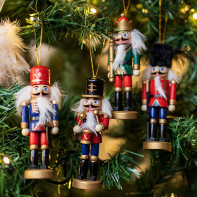 Set of 4 Nutcracker Pendants Tree Decoration Hanging Festive Décor Traditional Wooden Nutcracker