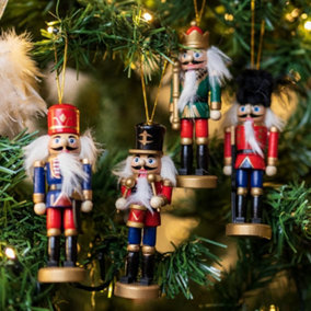 Set of 4 Nutcracker Pendants Tree Decoration Hanging Festive Décor Traditional Wooden Nutcracker