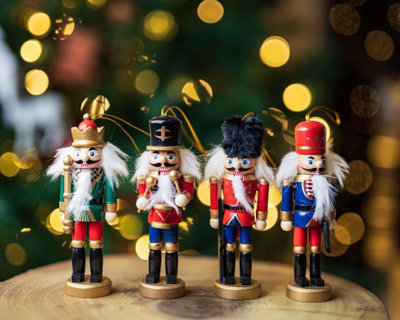 Set of 4 Nutcracker Pendants Tree Decoration Hanging Festive Décor Traditional Wooden Nutcracker