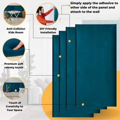 Set of 4 Padded Wall Panels With Adhesive Included (80x30cm) - Blue Velvet upholstered wall panels - Wall Mounted Headboards