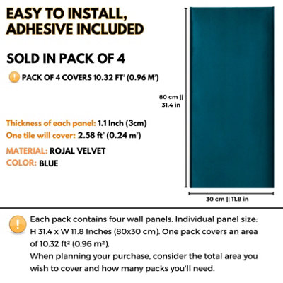 Set of 4 Padded Wall Panels With Adhesive Included (80x30cm) - Blue Velvet upholstered wall panels - Wall Mounted Headboards - 3