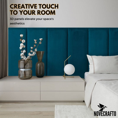 Set of 4 Padded Wall Panels With Adhesive Included (80x30cm) - Blue Velvet upholstered wall panels - Wall Mounted Headboards - 7