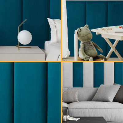 Set of 4 Padded Wall Panels With Adhesive Included (80x30cm) - Blue Velvet upholstered wall panels - Wall Mounted Headboards - 9