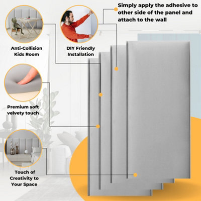 Set of 4 Padded Wall Panels With Adhesive Included (80x30cm) - Grey Velvet upholstered wall panels - Wall Mounted Headboards