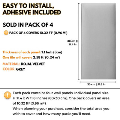 Set of 4 Padded Wall Panels With Adhesive Included (80x30cm) - Grey Velvet Upholstered Wall Panels - Wall Mounted Headboards - 3