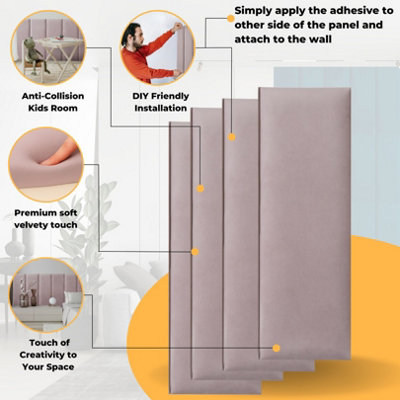 Set of 4 Padded Wall Panels With Adhesive Included (80x30cm) - Pink Velvet upholstered wall panels - Wall Mounted Headboards