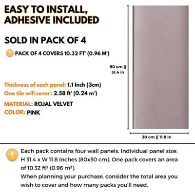 Set of 4 Padded Wall Panels With Adhesive Included (80x30cm) - Pink Velvet upholstered wall panels - Wall Mounted Headboards - 3